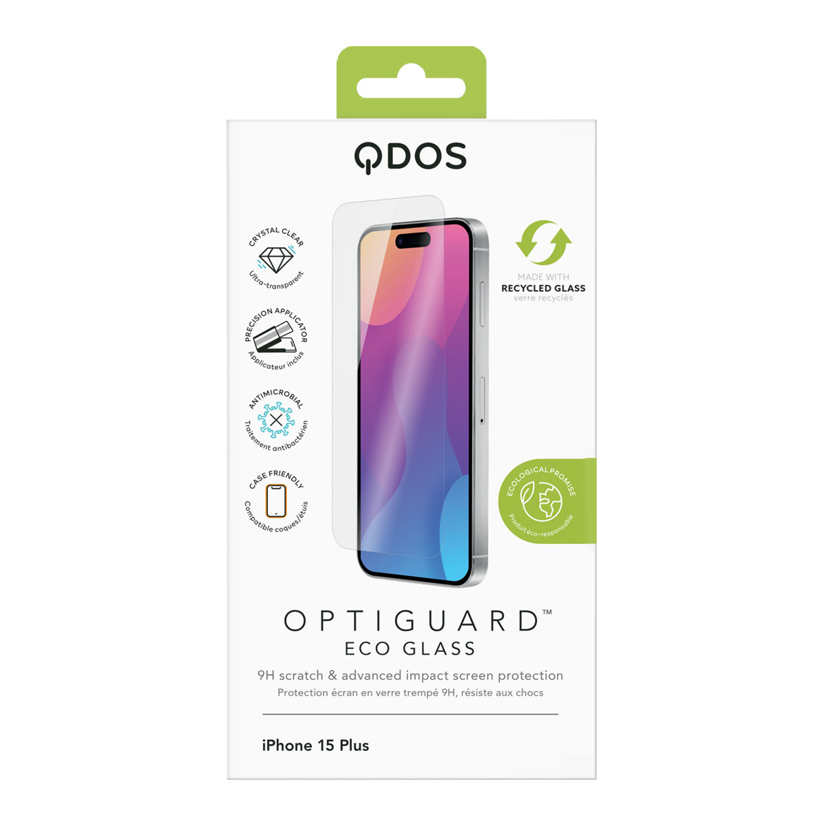OptiGuard Eco Glass - Apple iPhone 15 Plus Screen Protector - Clear, showcasing product packaging in white.