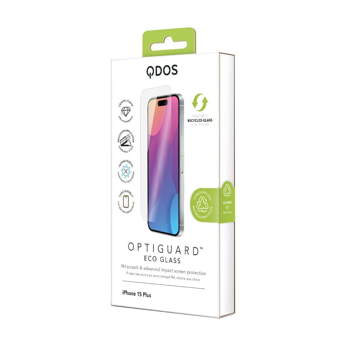 OptiGuard Eco Glass - Apple iPhone 15 Plus Screen Protector - Clear, showcasing product packaging in white.