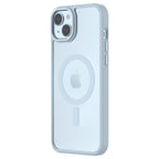 Hybrid Soft + Snap - Apple iPhone 15 Plus Case MagSafe Compatible - Clear Blue, Angled Rear View Frosted  Back with Phone