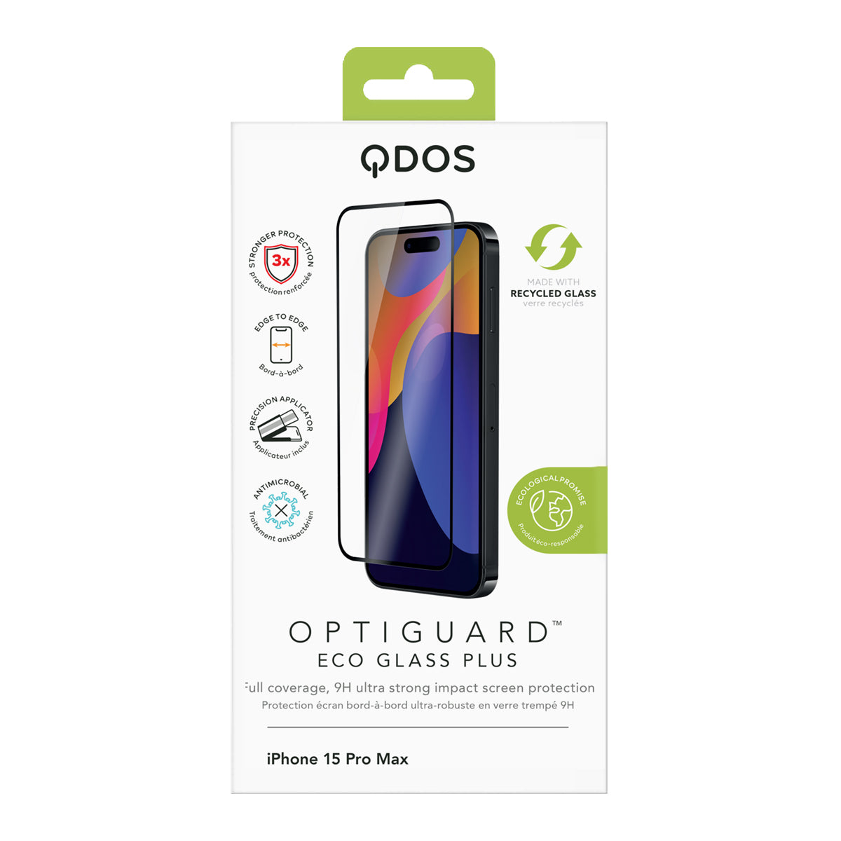 OptiGuard Eco Glass Plus - Apple iPhone 15 Pro Max Screen Protector - Clear, showcasing product packaging in white.