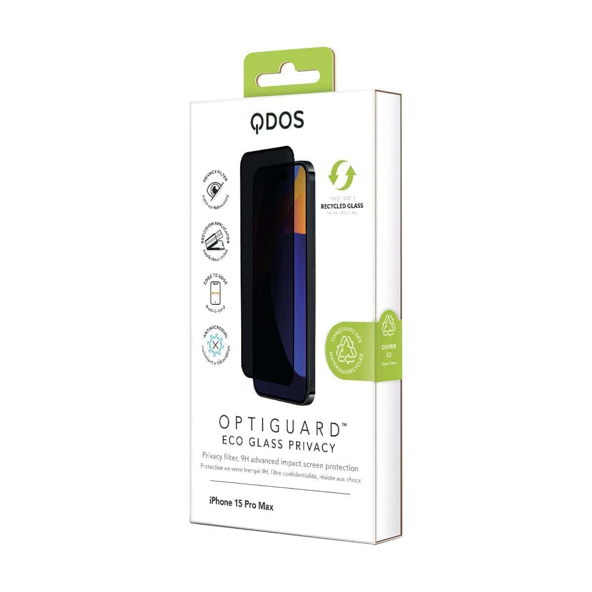 OptiGuard Eco Glass Privacy - Apple iPhone 15 Pro Max Screen Protector - Privacy Black, showcasing product packaging in white