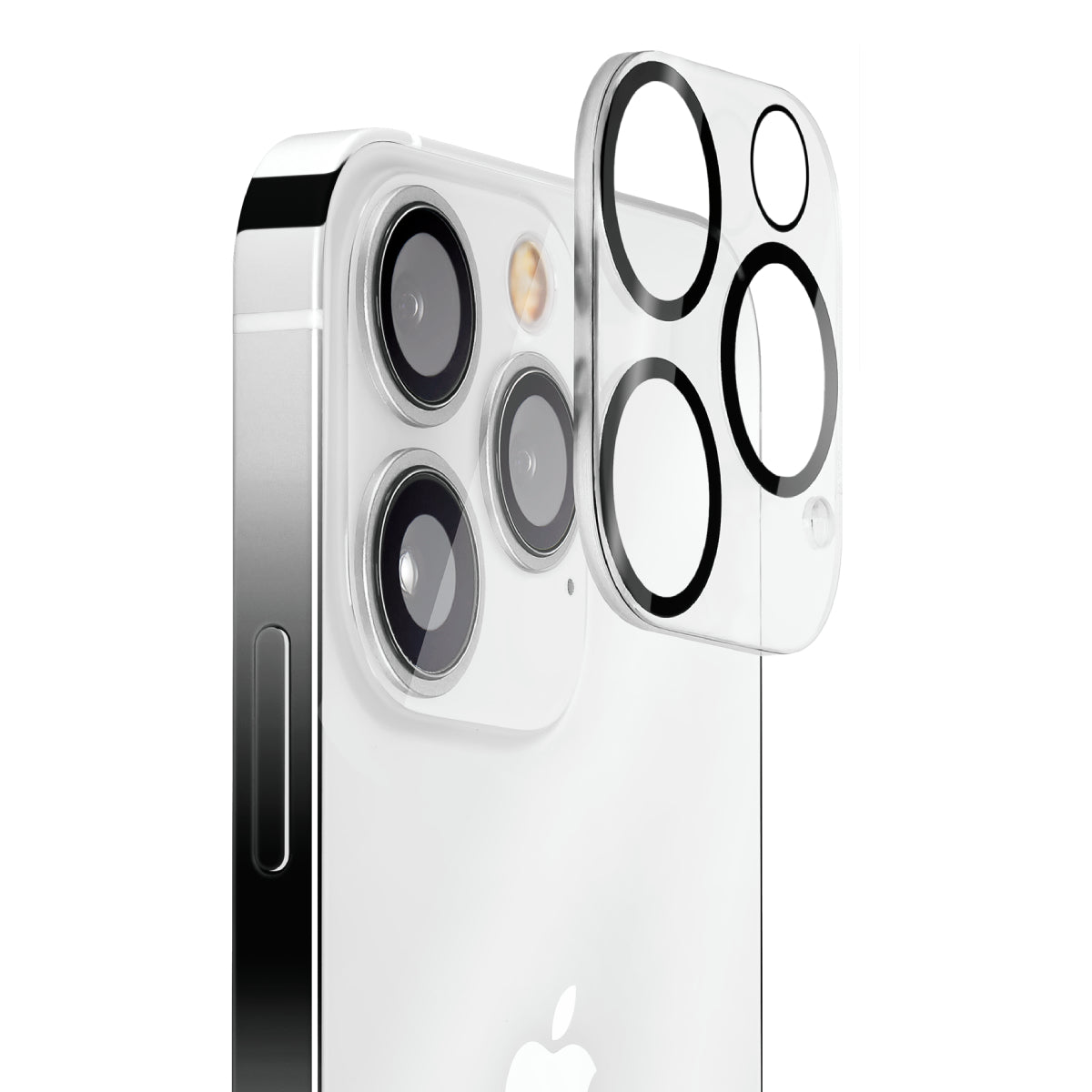 OptiGuard - Apple iPhone 15 Pro, iPhone 15 Pro Max Camera Lens Protector - Clear, Right Angled Close Up View of Camera Lens Protector apply to the Phone
