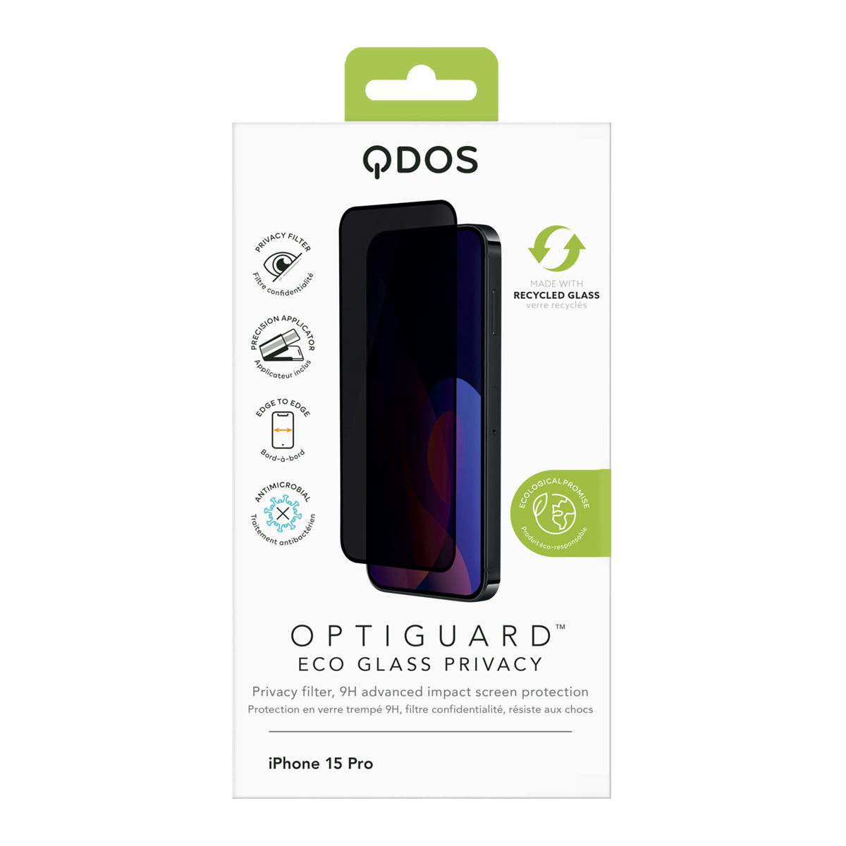 OptiGuard Eco Glass Privacy - Apple iPhone 15 Pro Screen Protector - Privacy Black, showcasing product packaging in white