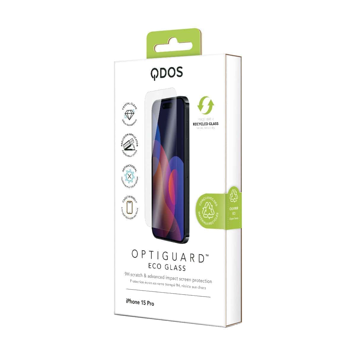 OptiGuard Eco Glass - Apple iPhone 15 Pro Screen Protector - Clear, showcasing product packaging in white.