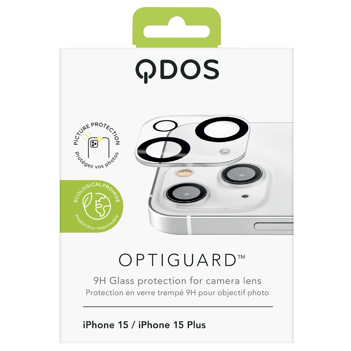 OptiGuard - Apple iPhone 15, iPhone 15 Plus Camera Lens Protector - Clear, Showcasing product packaging in white