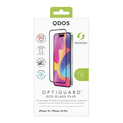 OptiGuard Eco Glass Plus - Apple iPhone 15, iPhone 14 Screen Protector - Clear, showcasing product packaging in white.