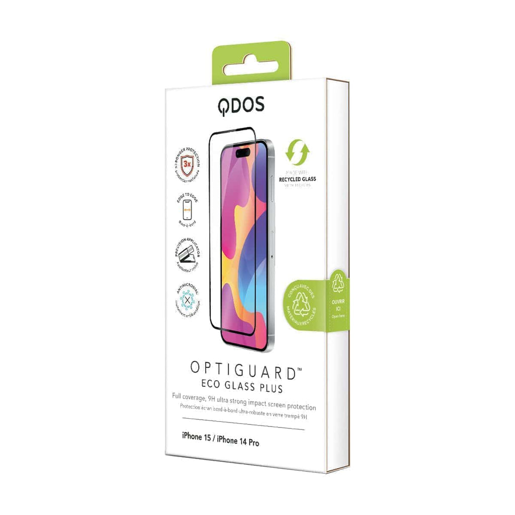 OptiGuard Eco Glass Plus - Apple iPhone 15, iPhone 14 Screen Protector - Clear, showcasing product packaging in white.
