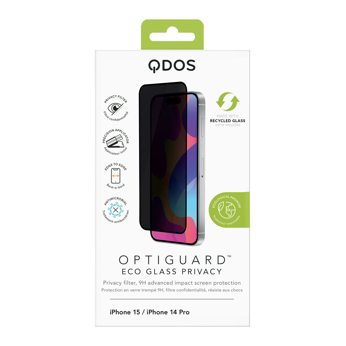 OptiGuard Eco Glass Privacy - Apple iPhone 15, iPhone 14 Screen Protector - Privacy Black, showcasing product packaging in white