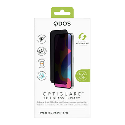 OptiGuard Eco Glass Privacy - Apple iPhone 15, iPhone 14 Screen Protector - Privacy Black, showcasing product packaging in white