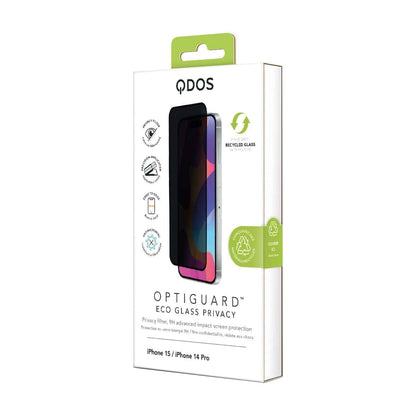 OptiGuard Eco Glass Privacy - Apple iPhone 15, iPhone 14 Screen Protector - Privacy Black, showcasing product packaging in white