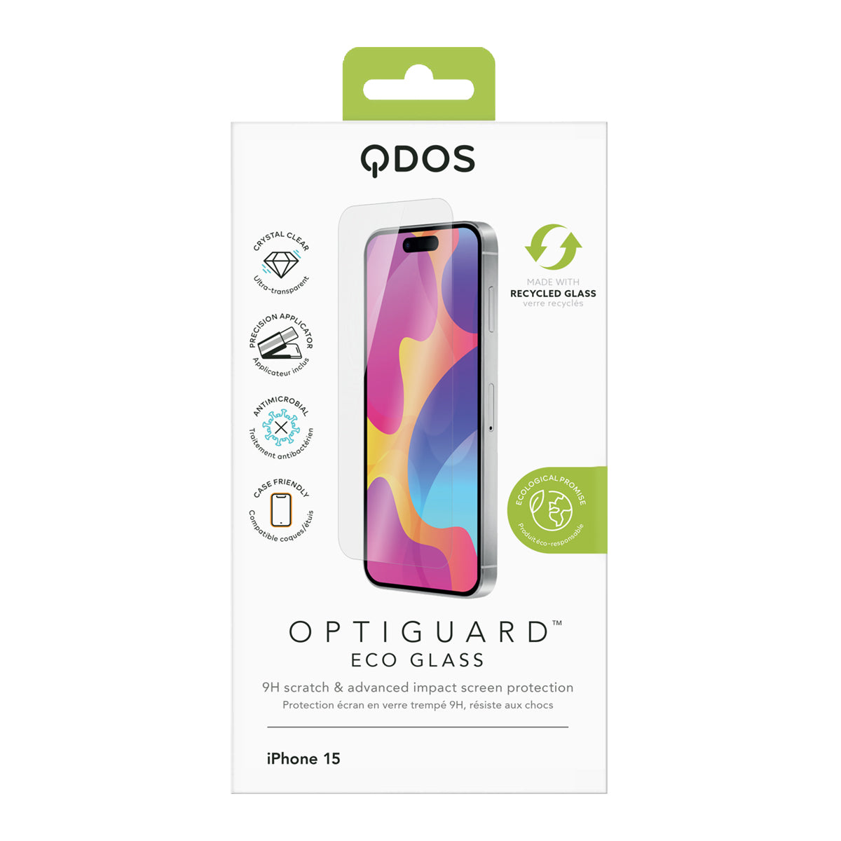 OptiGuard Eco Glass - Apple iPhone 15 Screen Protector - Clear, showcasing product packaging in white.