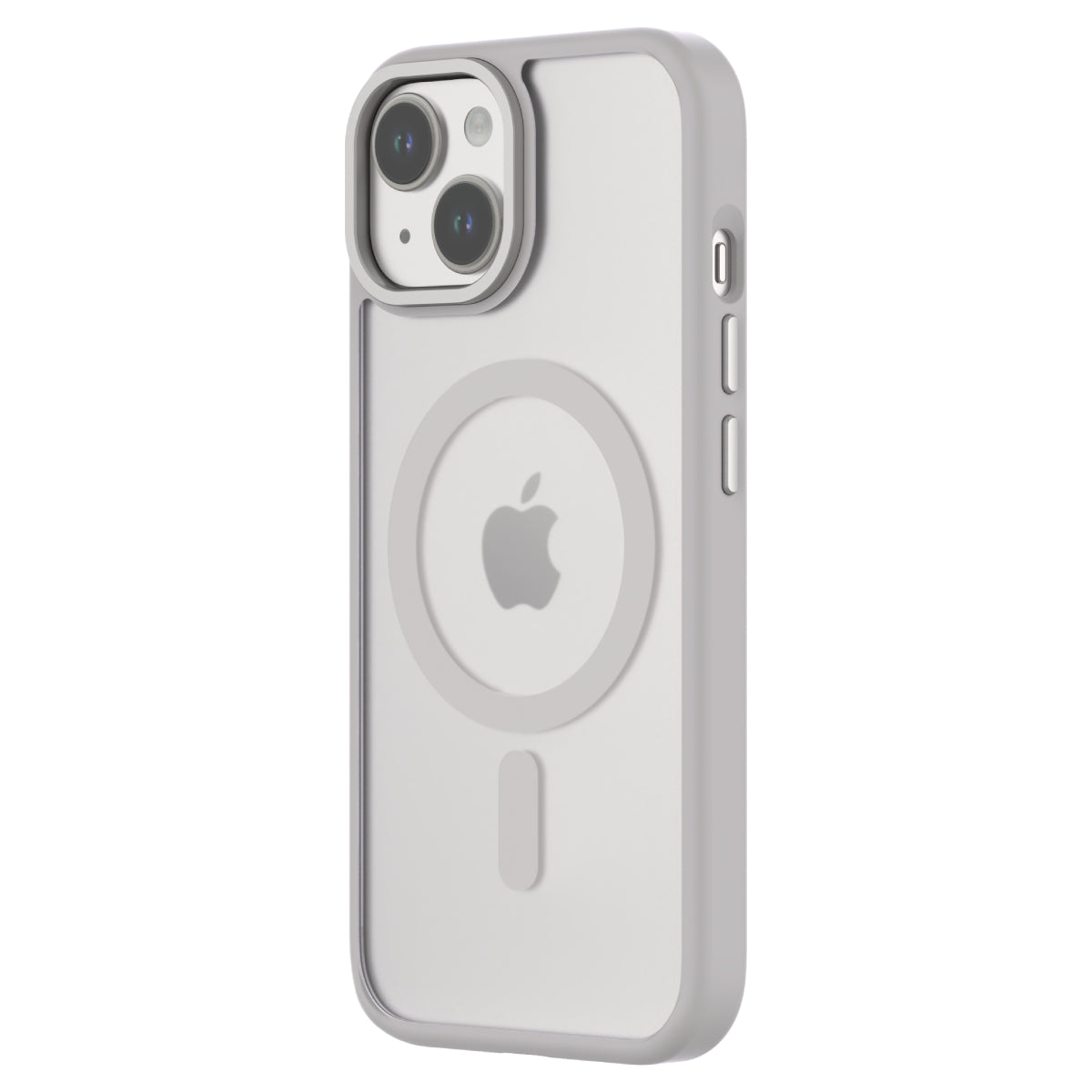 Hybrid Soft + Snap - Apple iPhone 15 Case MagSafe Compatible - Clear Grey, Angled Rear View Frosted  Back with Phone