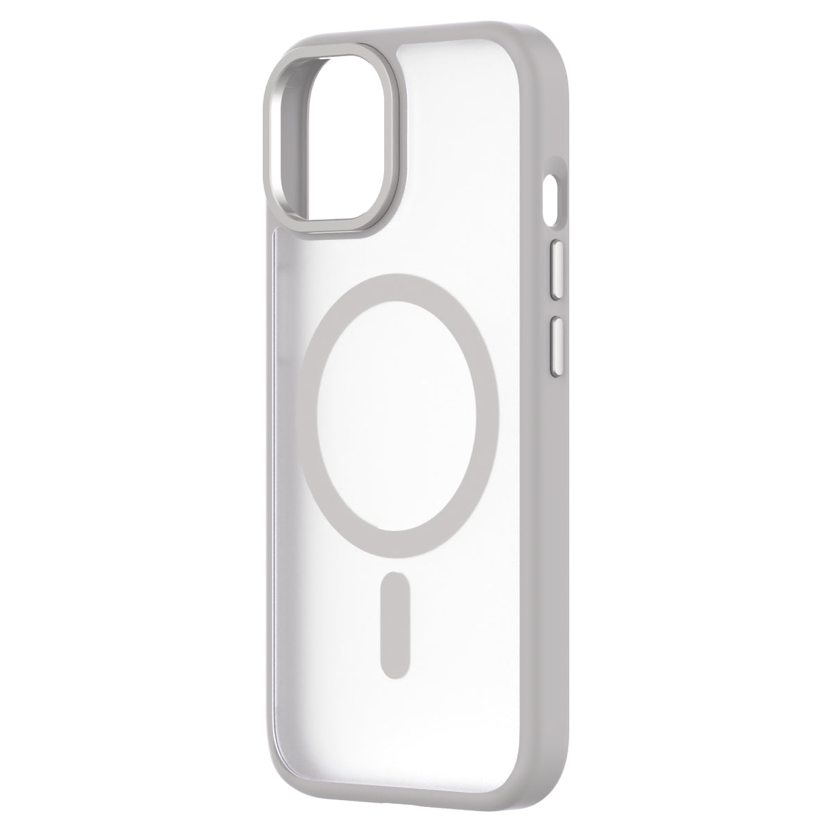 Hybrid Soft + Snap - Apple iPhone 15 Case MagSafe Compatible - Clear Grey, Angled Rear View Frosted  Back Without Phone