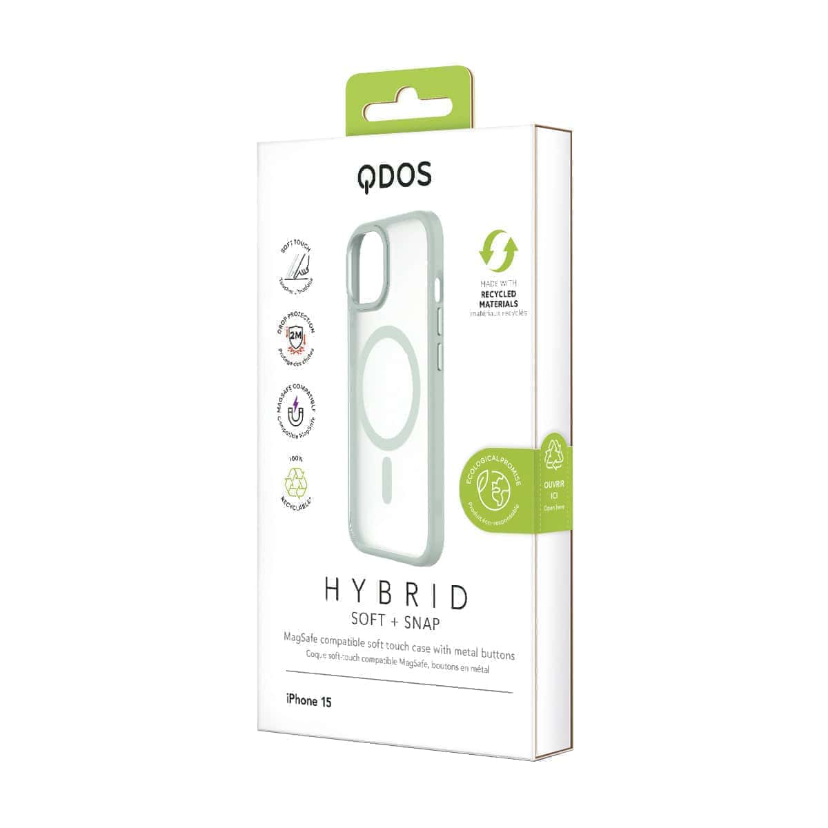 Hybrid Soft + Snap - Apple iPhone 15 Case MagSafe Compatible - Clear Green, showcasing product packaging in white