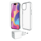 QDOS iPhone 15 Starter pack - packed with clear silicone case, screen protector and 20W GaN wall charger