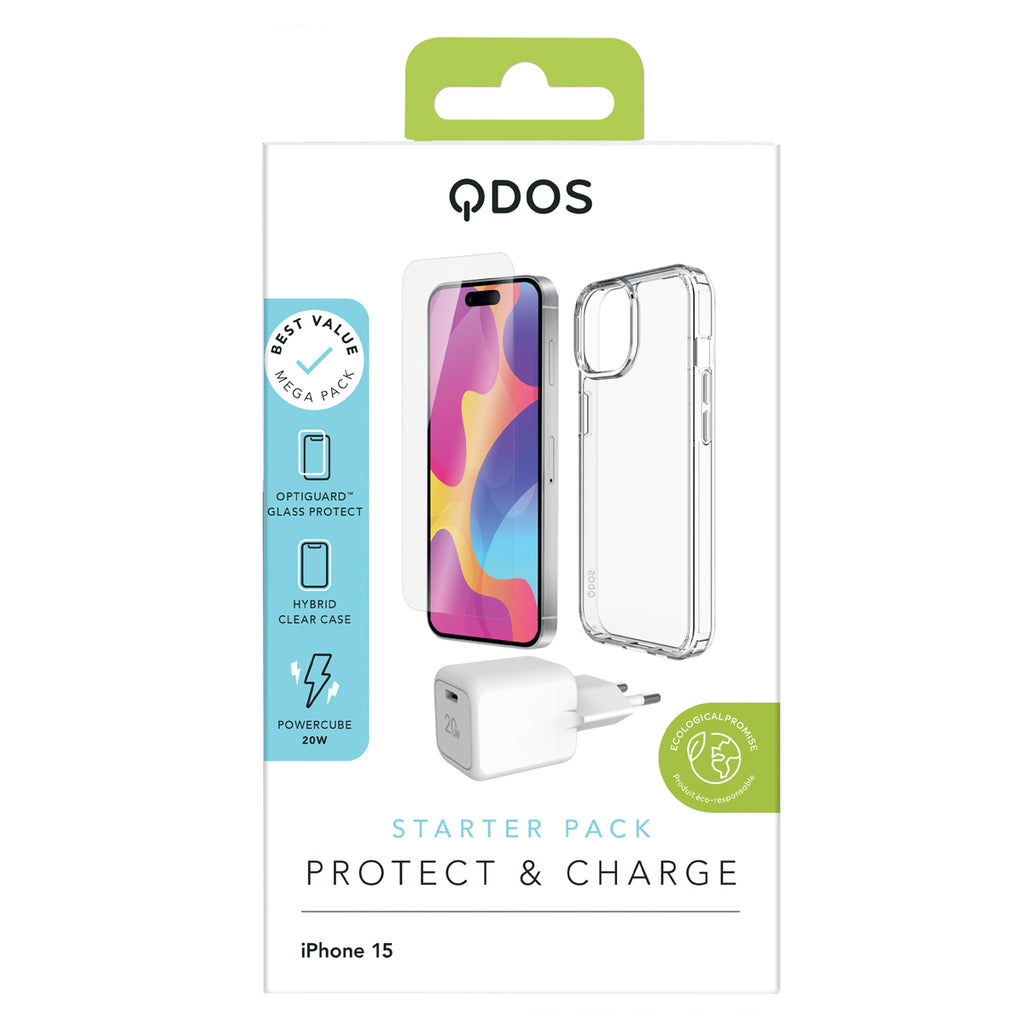 QDOS iPhone 15 Starter pack - packed with clear silicone case, screen protector and 20W GaN wall charger