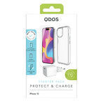 QDOS iPhone 15 Starter pack - packed with clear silicone case, screen protector and 20W GaN wall charger