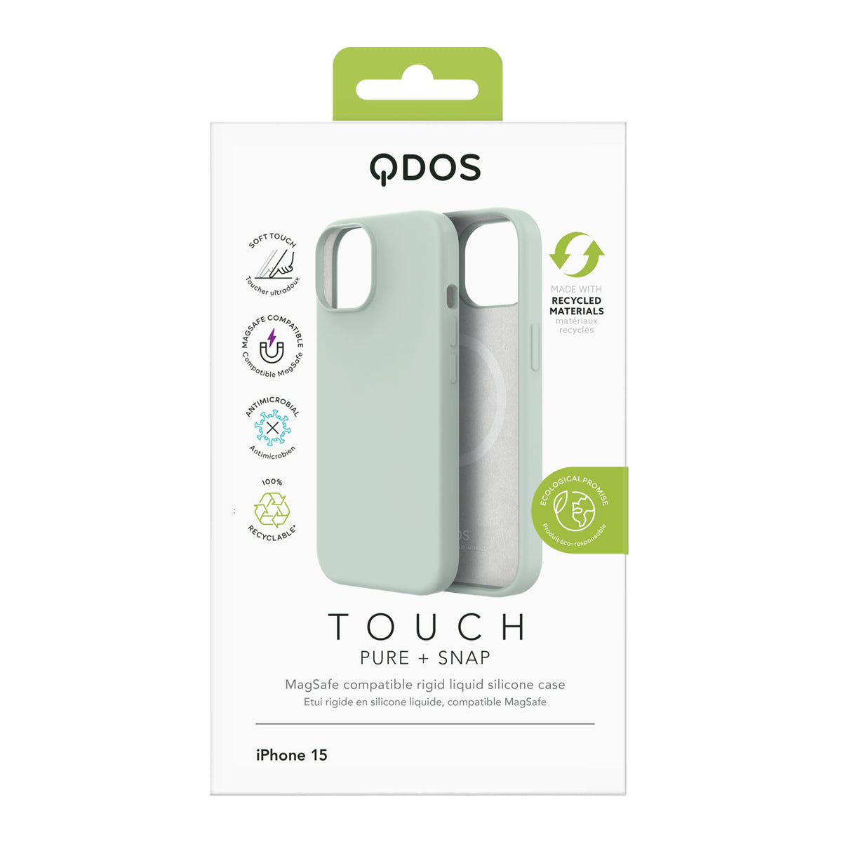 Touch Pure + Snap - Apple iPhone 15 Case MagSafe Compatible - Green, showcasing product packaging in white