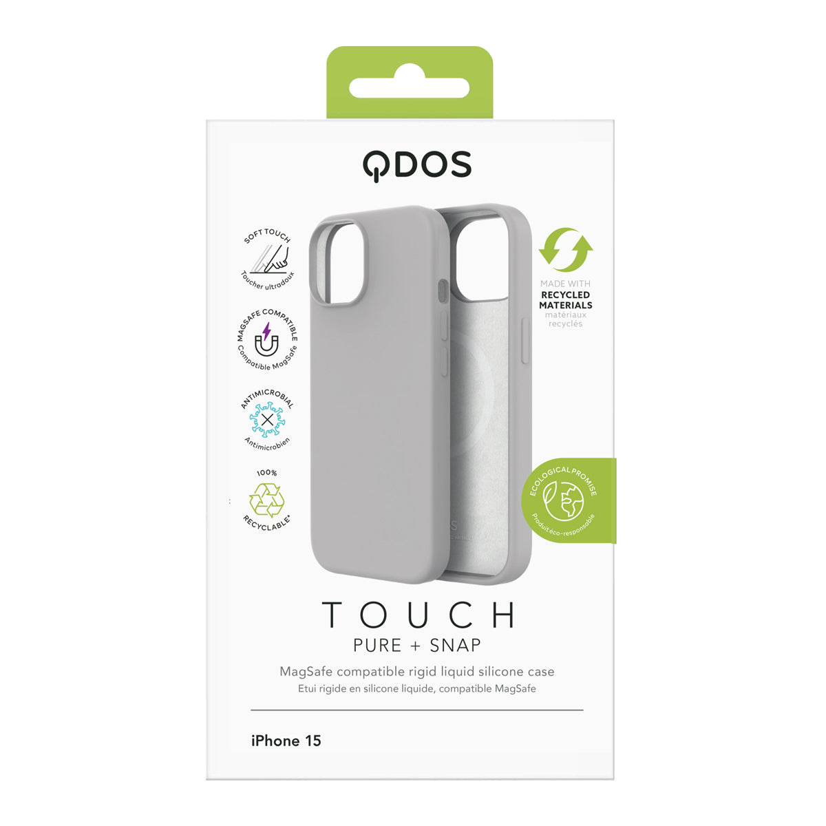 Touch Pure + Snap - Apple iPhone 15 Case MagSafe Compatible - Grey, showcasing product packaging in white