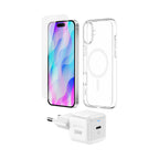QDOS iPhone 16 Plus Starter Pack including a clear MagSafe-compatible Hybrid Drop + Snap case, OptiGuard Eco Glass screen protector, and 20W GaN PowerCube charger, all made with recycled materials for eco-friendly protection and charging