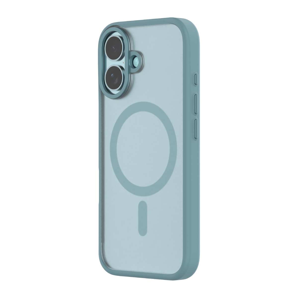 Hybrid Soft  + Snap - Apple iPhone 16 Case MagSafe Compatible - Clear Teal, Angled Rear View Frosted  Back with Phone