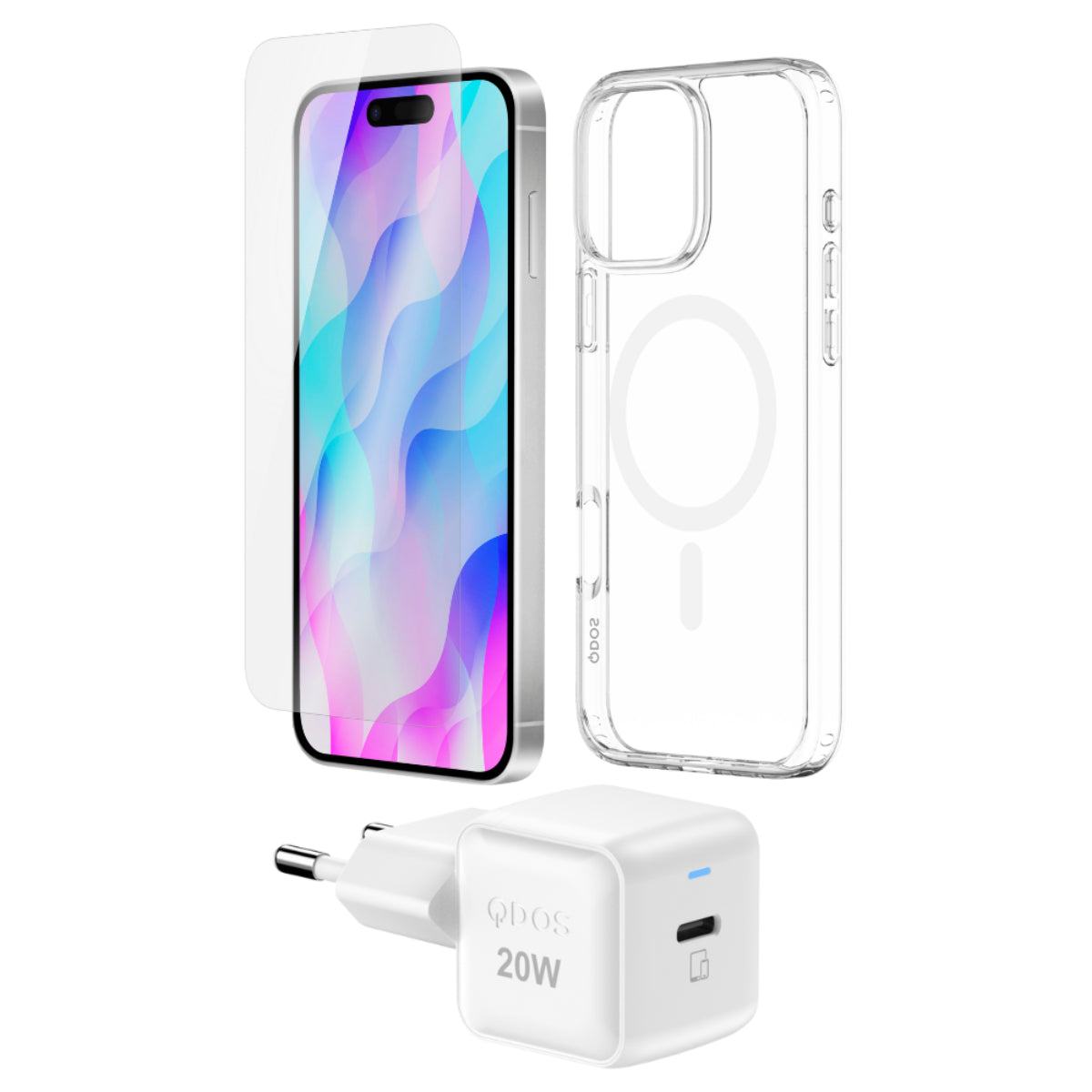 QDOS iPhone 16 Pro Max Starter Pack including a clear MagSafe-compatible Hybrid Drop + Snap case, OptiGuard Eco Glass screen protector, and 20W GaN PowerCube charger, all made with recycled materials for eco-friendly protection and charging