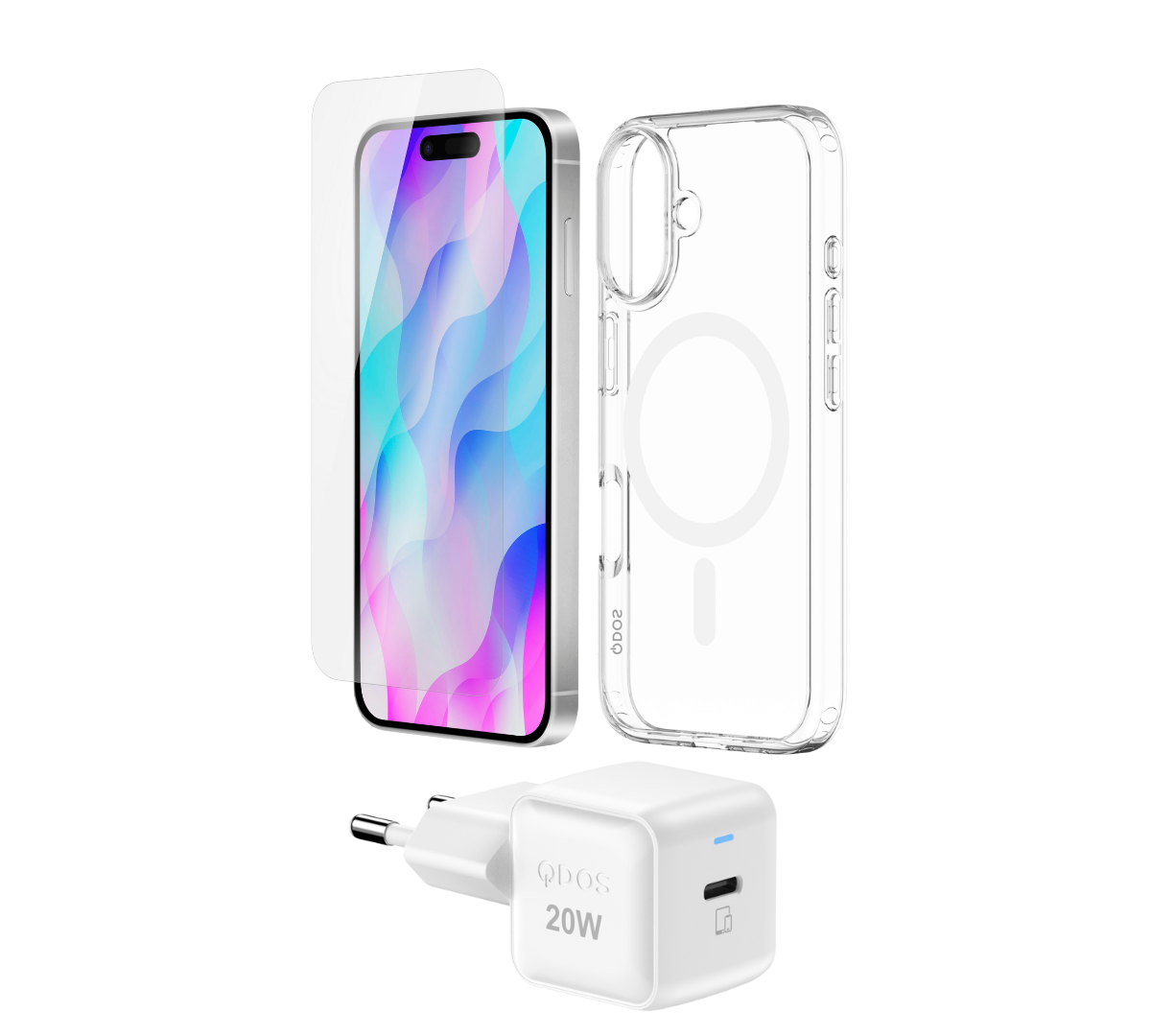 QDOS iPhone 16 Starter Pack including a clear MagSafe-compatible Hybrid Drop + Snap case, OptiGuard Eco Glass screen protector, and 20W GaN PowerCube charger, all made with recycled materials for eco-friendly protection and charging