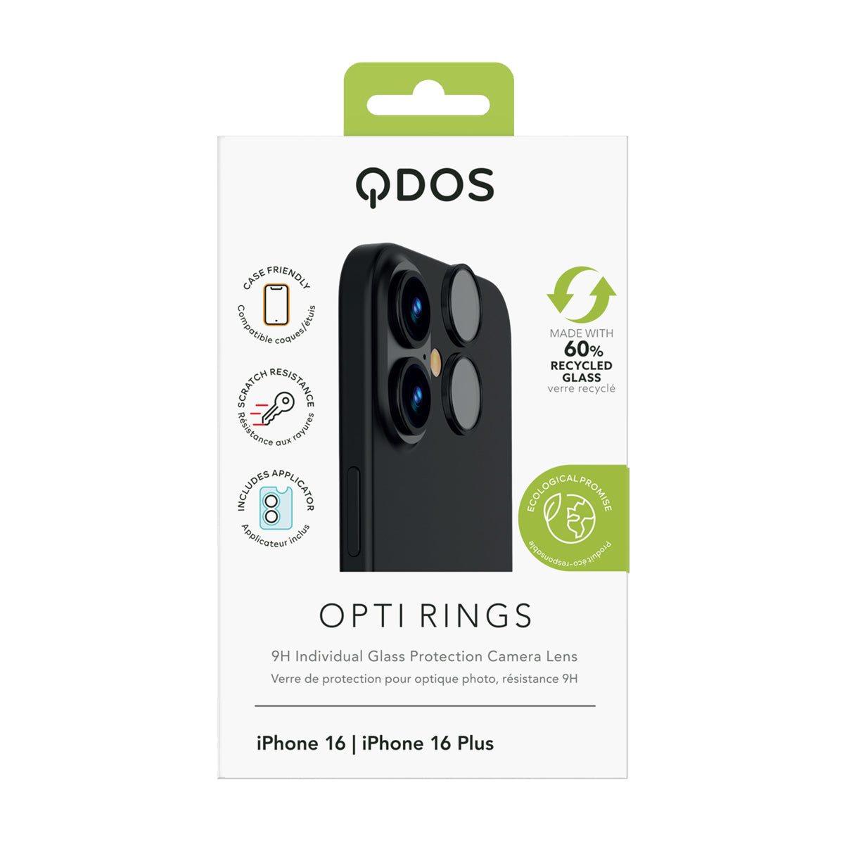 OptiRings - Apple iPhone 16, iPhone 16 Plus Camera Lens Protector - Black, Showcasing product packaging in white