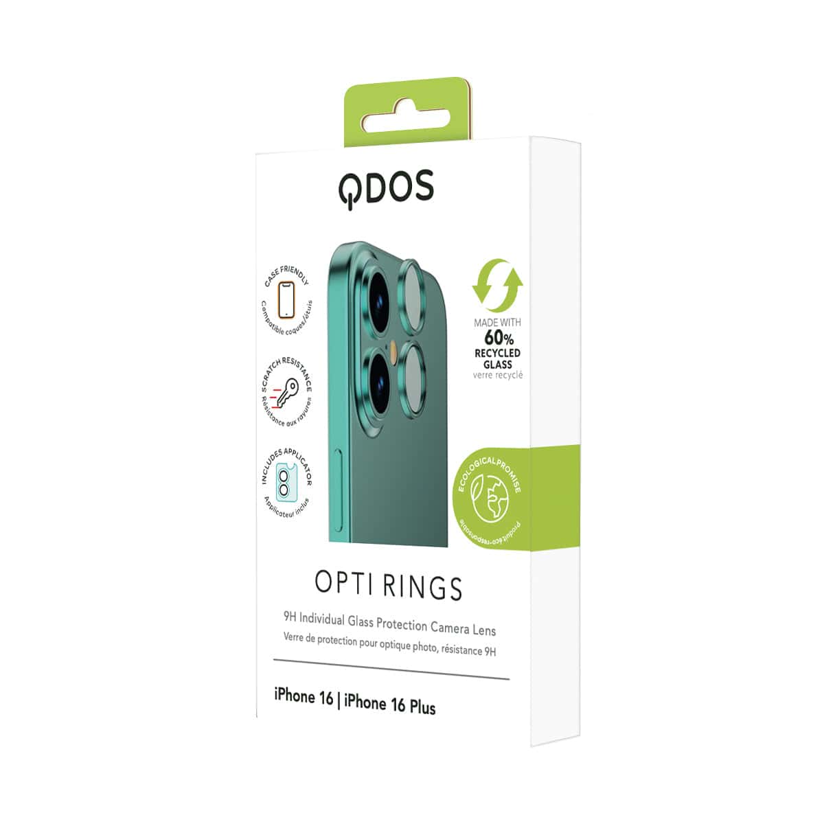 OptiRings - Apple iPhone 16, iPhone 16 Plus Camera Lens Protector - Green, Showcasing product packaging in white