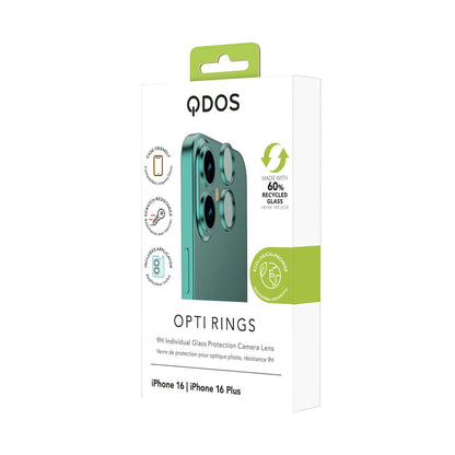OptiRings - Apple iPhone 16, iPhone 16 Plus Camera Lens Protector - Green, Showcasing product packaging in white
