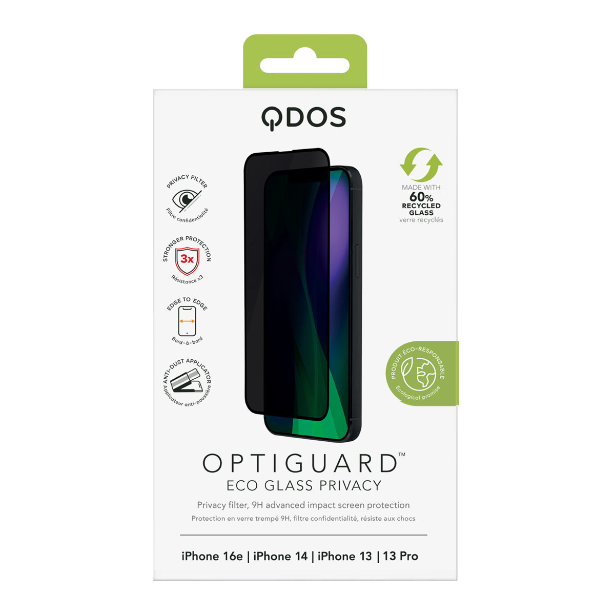 OptiGuard Eco Glass Privacy - iPhone 16e / iPhone 14 / iPhone 13 / iPhone 13 Pro Privacy Screen Protector - Privacy Black
