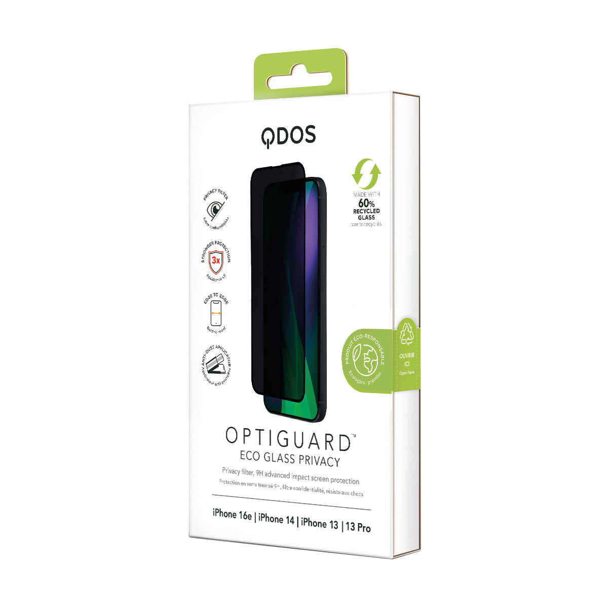 OptiGuard Eco Glass Privacy - iPhone 16e / iPhone 14 / iPhone 13 / iPhone 13 Pro Privacy Screen Protector - Privacy Black