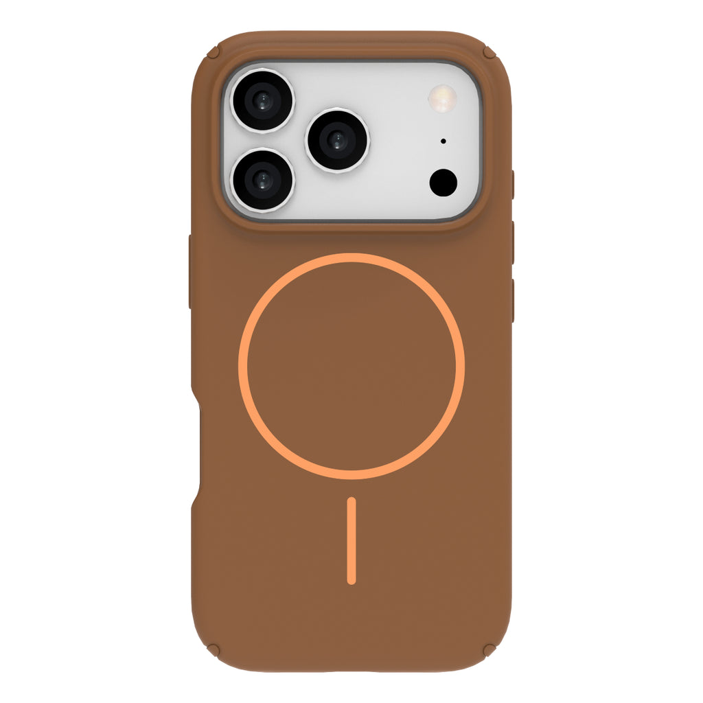 Brown phone case with a circular design on a white background