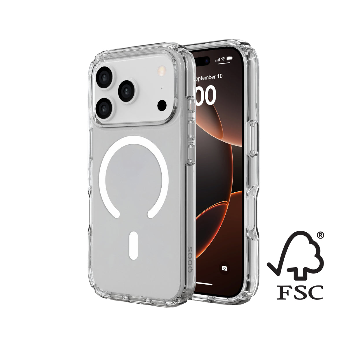 Clear phone case with FSC logo on a white background