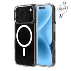 A clear protective phone case shown on two smartphones, one displaying the back with a large white MagSafe ring on a black panel, and the other showing the blue front screen. A 'Origin France Garantie' badge is visible in the top right corner.