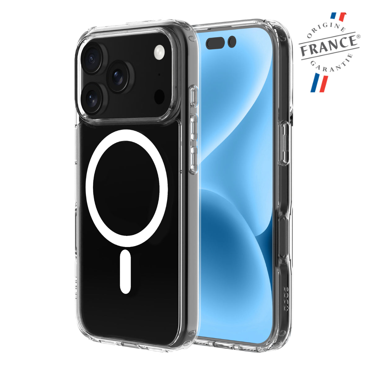 A clear protective phone case shown on two smartphones, one displaying the back with a large white MagSafe ring on a black panel, and the other showing the blue front screen. A 'Origin France Garantie' badge is visible in the top right corner.