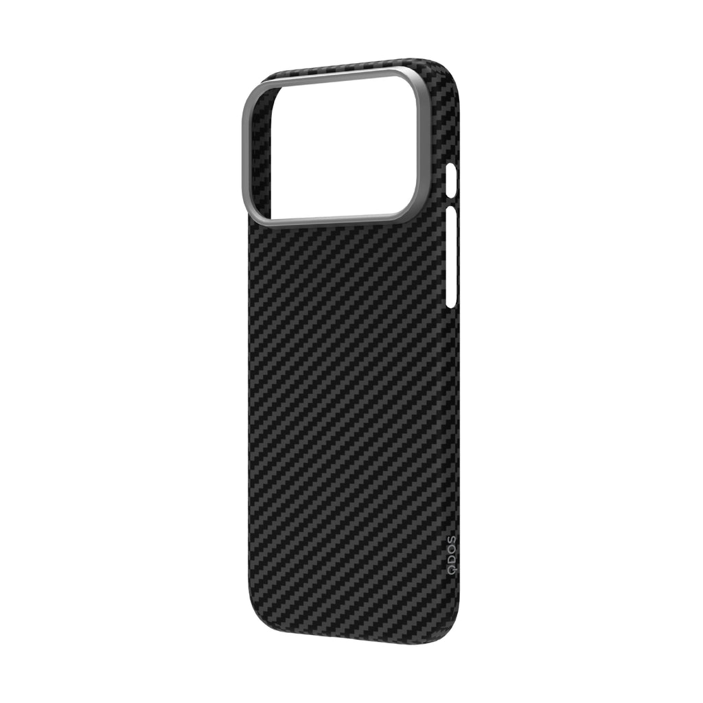 A black carbon fiber pattern phone case with a silver metallic camera bezel and side button accents, shown on a plain white background.