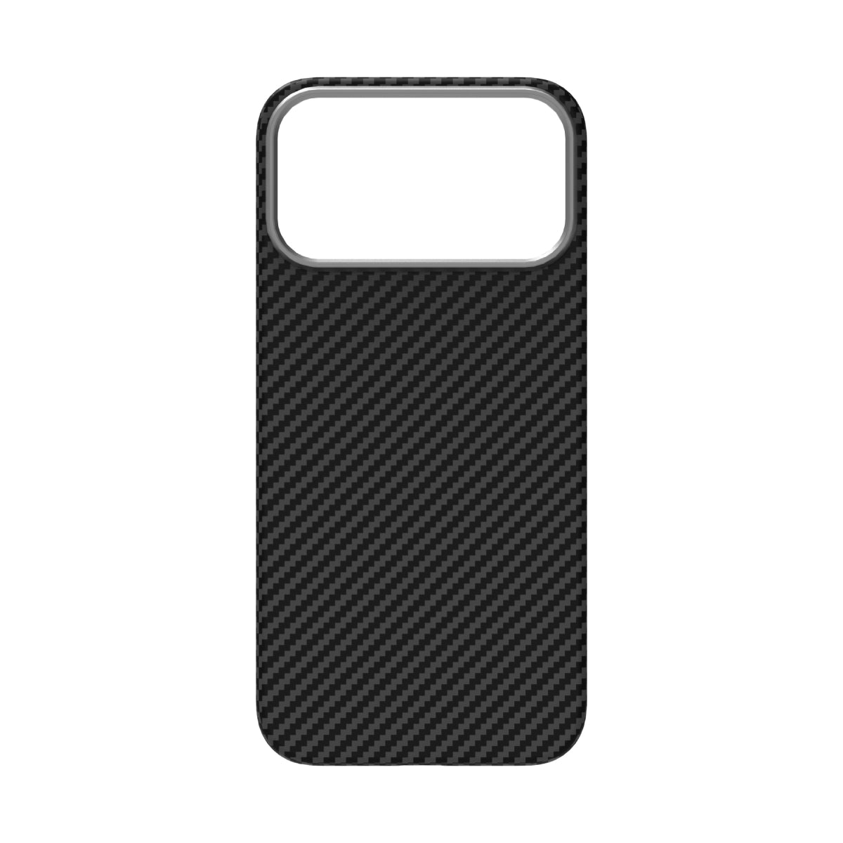 A phone case featuring a black carbon fiber weave pattern, shown against a plain white background.
