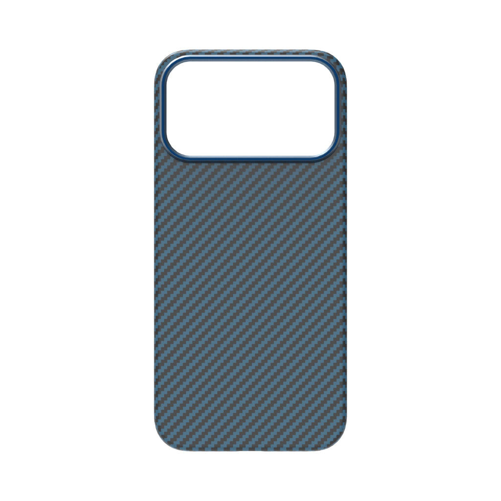 A phone case featuring a dark blue and gray carbon fiber weave pattern, with a solid blue border around the camera cutout, shown on a plain white background.
