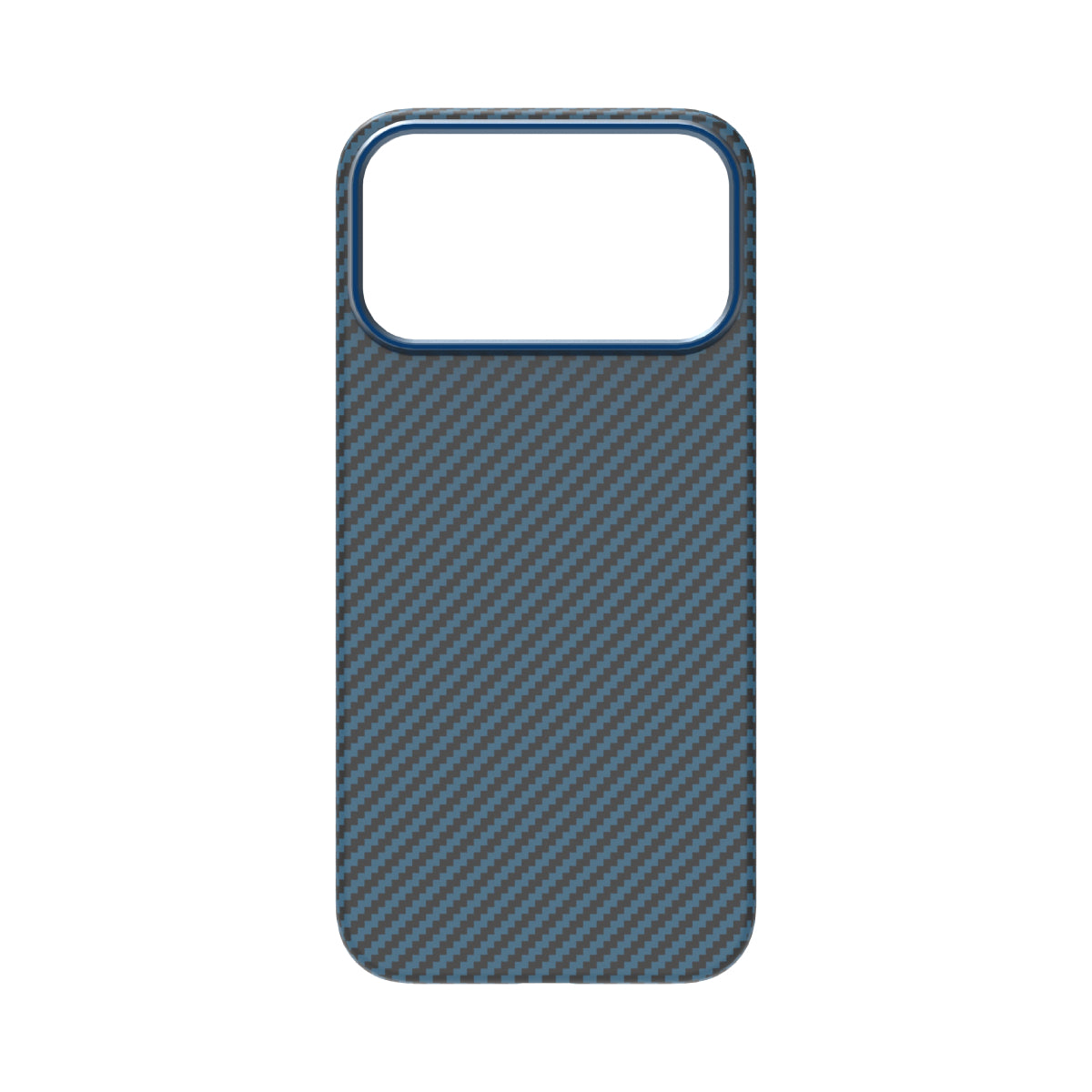 A phone case featuring a dark blue and gray carbon fiber weave pattern, with a solid blue border around the camera cutout, shown on a plain white background.