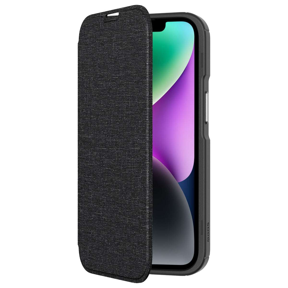 Hybrid Fold + Snap - Apple iPhone 14, iPhone 13 Wallet Case MagSafe Compatible - Clear Black, Angled Front View with Phone and Screen Display On