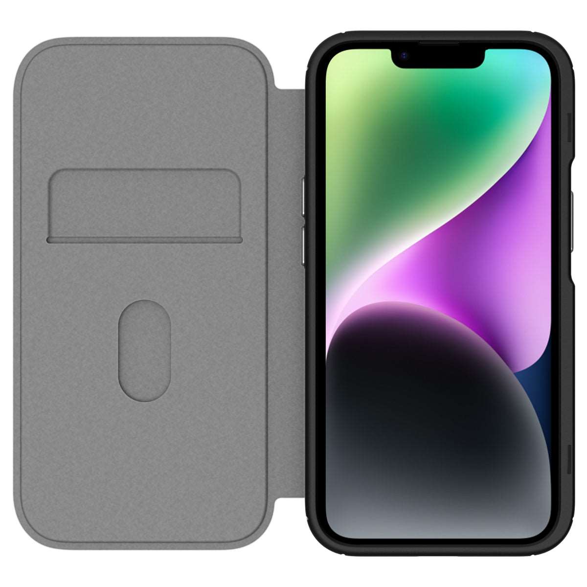 Hybrid Fold + Snap - Apple iPhone 14, iPhone 13 Wallet Case MagSafe Compatible - Clear Black, Front View with Phone and Screen Display On