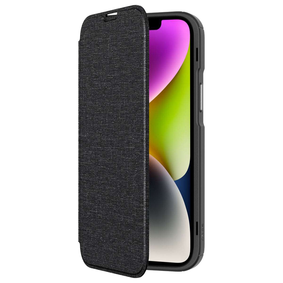 Hybrid Fold + Snap - Apple iPhone 14 Plus Wallet Case MagSafe Compatible - Clear Black, Angled Front View with Phone and Screen Display On