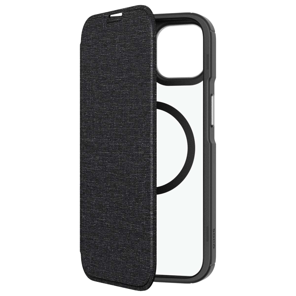 Hybrid Fold + Snap - Apple iPhone 14 Plus Wallet Case MagSafe Compatible - Clear Black, Angled Front View of the case Without Phone
