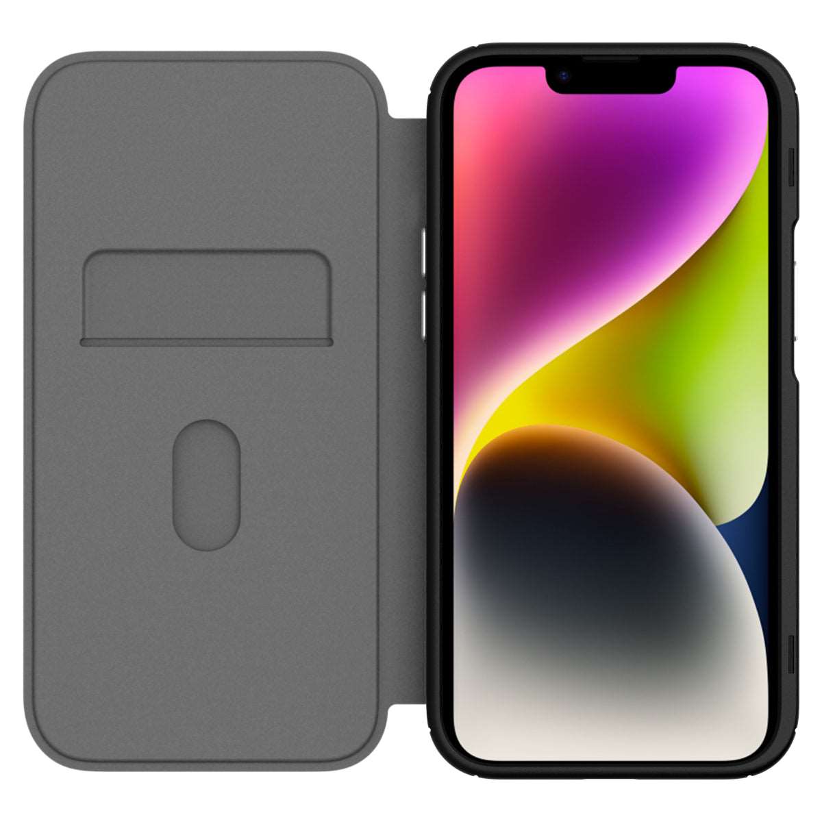 Hybrid Fold + Snap - Apple iPhone 14 Plus Wallet Case MagSafe Compatible - Clear Black, Front View with Phone and Screen Display On