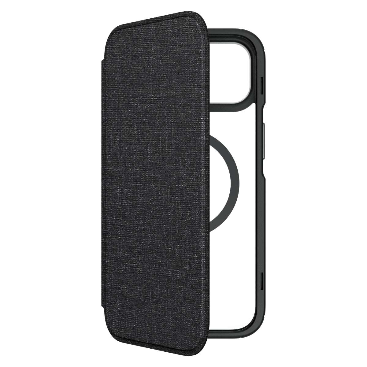 Hybrid Fold + Snap - Apple iPhone 14 Plus Wallet Case MagSafe Compatible - Clear Black, Front View of the Case Without Phone and front cover half opened