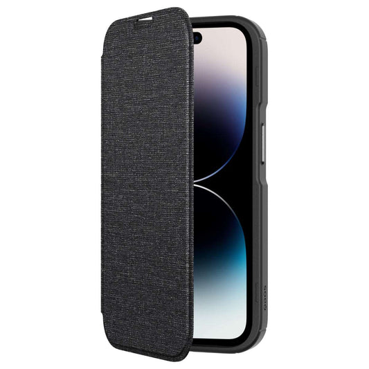 Hybrid Fold + Snap - Apple iPhone 14 Pro Wallet Case MagSafe Compatible - Clear Black, Angled Front View with Phone and front cover half opened