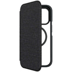 Hybrid Fold + Snap - Apple iPhone 14 Pro Wallet Case MagSafe Compatible - Clear Black, Angled Front View without Phone and front cover half opened