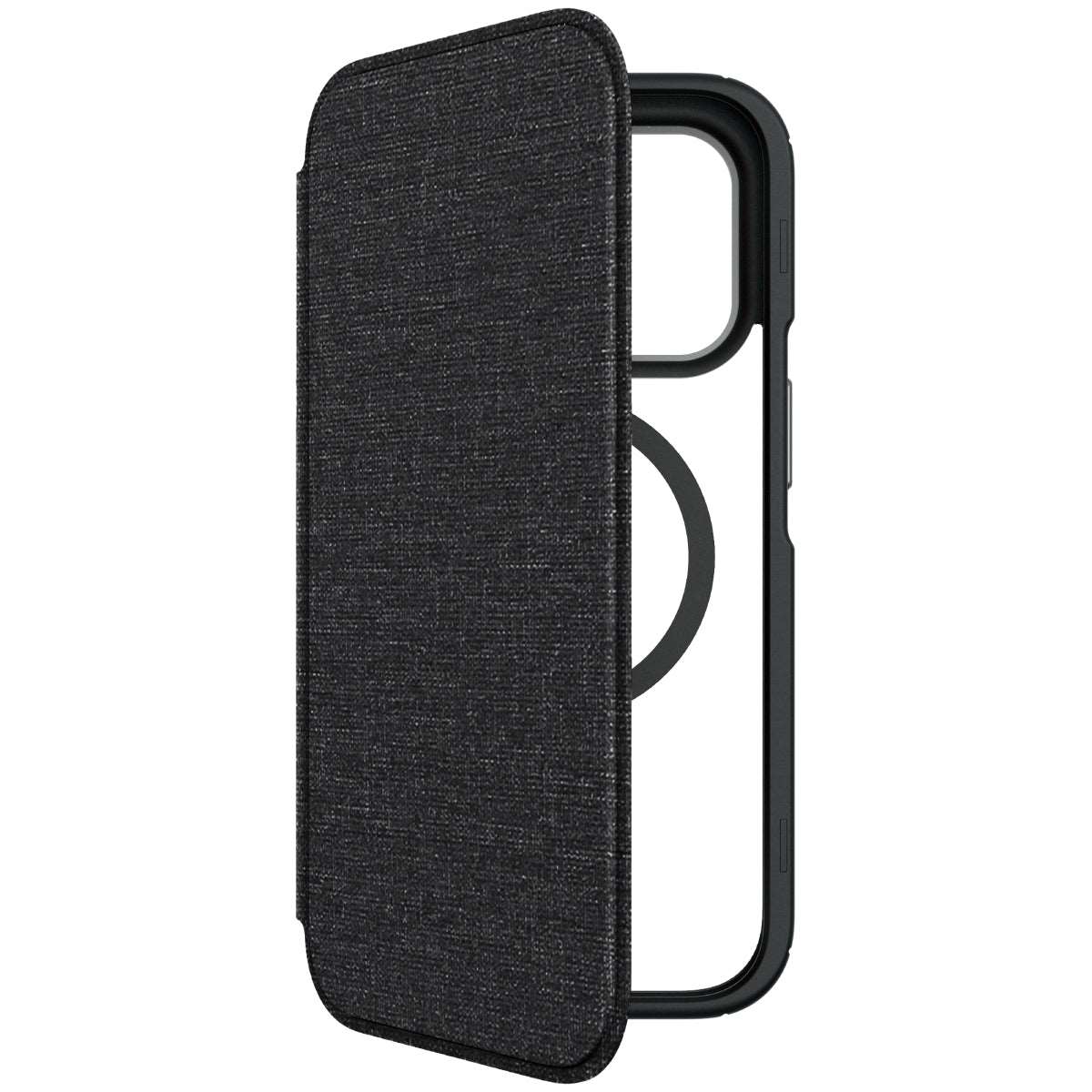 Hybrid Fold + Snap - Apple iPhone 14 Pro Max Wallet Case MagSafe Compatible - Clear Black, Angled Front View without Phone and Screen Display On