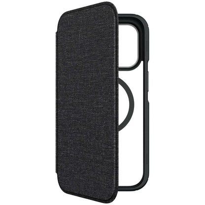 Hybrid Fold + Snap - Apple iPhone 14 Pro Max Wallet Case MagSafe Compatible - Clear Black, Angled Front View without Phone and Screen Display On